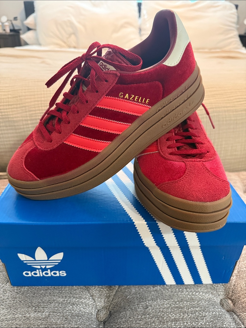 adidas Women’s Red Suede Gazelle-Inspired Sneakers with Gum Sole